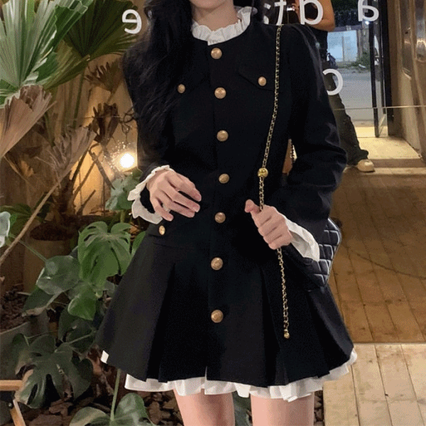 봄 가을 하객룩 프릴카라 레이스 미니 자켓 원피스 (2color)
