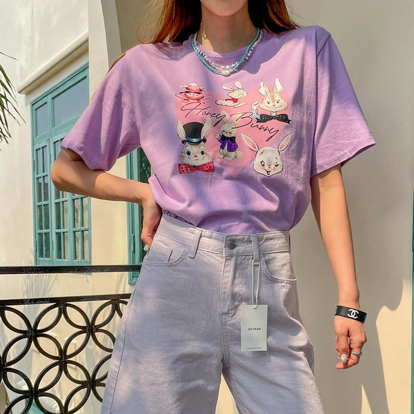 귀여운 캐릭터 여성 여름 루즈핏 반팔 면 티 데일리 티셔츠 (3color)