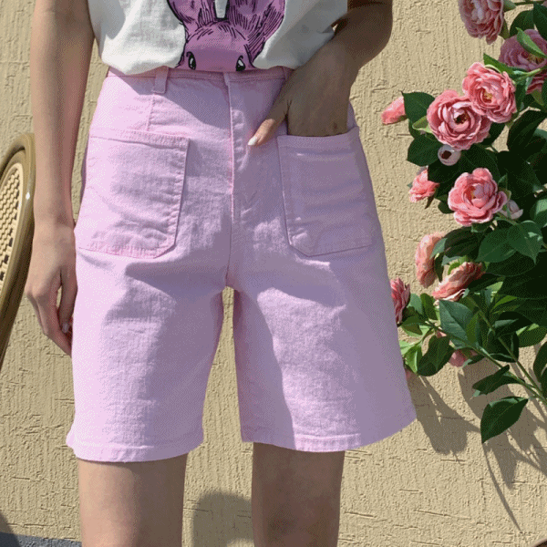 핑크 여름 4부 면 반바지 화이트 팬츠 (2color)