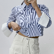 캐주얼 퍼프소매 스트라이프 카라 숏 남방 셔츠 (3color)