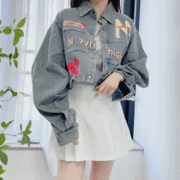 여성 페인팅 그래피티 청자켓 레터링 크롭 데님자켓 (1color)